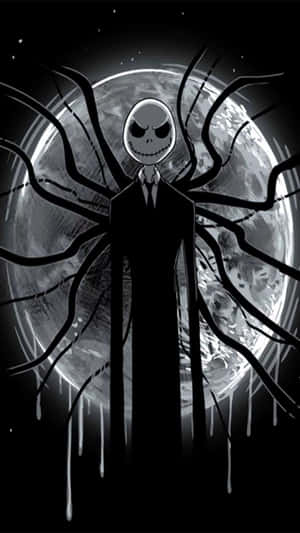 傑克·斯凱林頓（Jack Skellington）帶著蜘蛛四肢，背景是裂開的月亮。