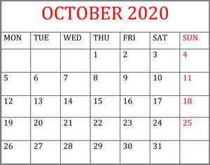 2020年10月日曆，星期日日期為紅色，平日為黑色。