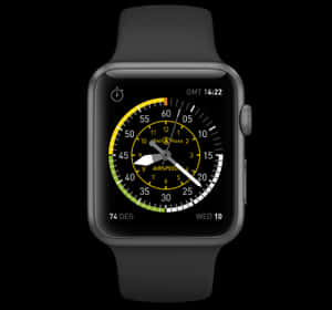 帶有數字空速錶盤的黑色Apple Watch，顯示時間和溫度。