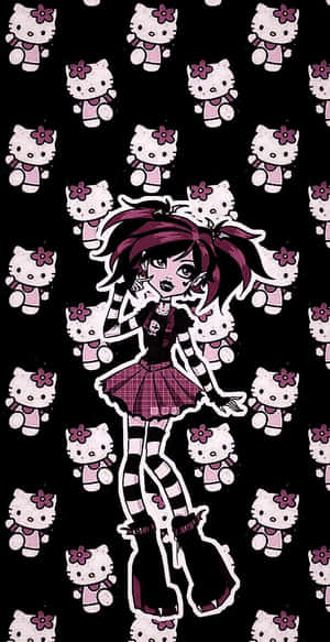 紫色頭髮和條紋服裝的哥德女孩，背景為Hello Kitty圖案。