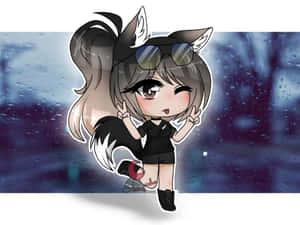 有狐狸耳朵和尾巴的Q版動漫女孩在夜晚的雨窗旁擺姿勢。