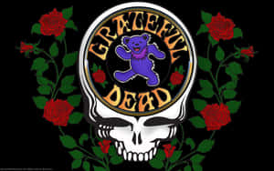 Grateful Dead標誌，帶有跳舞熊和紅玫瑰，黑色背景。