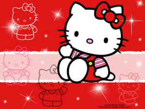 Hello Kitty 在節日紅粉背景中，帶有閃光和自身輪廓版本。