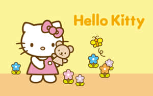 Hello Kitty 抱著泰迪熊，周圍有花朵和一隻蝴蝶。 — 可愛桌面動態圖 壁紙
