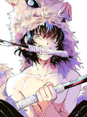 動漫戰士持劍，身後有狼頭惡魔