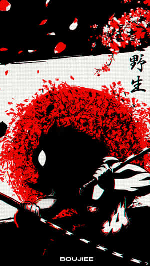 動漫武士戰士剪影在紅色櫻花爆炸中持劍。