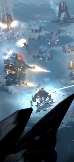未來主義的戰爭機器和士兵在雪地戰場上戰鬥。 — iPhone Air 壁紙