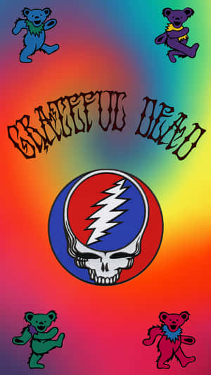 Grateful Dead標誌與跳舞熊在彩虹漸變背景上。