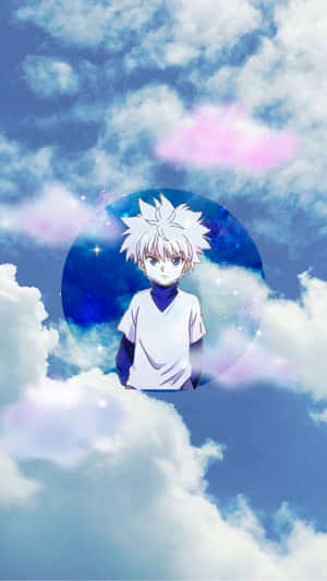 白髮動漫男孩在一個繁星球體中漂浮在雲朵之間。