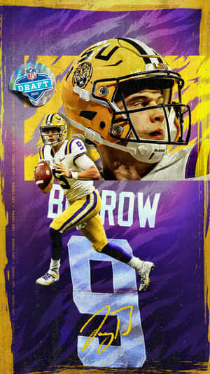 Joe Burrow身穿LSU美式足球制服，帶有NFL選秀標誌的投球動作。