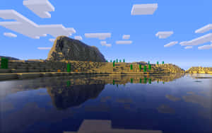 藍天下Minecraft山脈與湖的方塊倒影 — 我的世界 壁紙