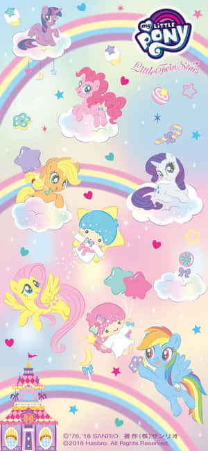 My Little Pony 角色在雲端上漂浮，有彩虹和星星