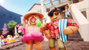 Roblox 角色享受陽光沙灘假期，有火烈鳥浮圈和雪糕。