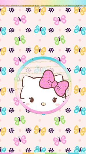 Hello Kitty 粉紅蝴蝶結在彩虹圓圈中，蝴蝶圍繞，柔和背景