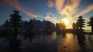 Minecraft 夕陽場景，方塊樹木同山脈倒映喺水面上。 — 我的世界 壁紙