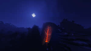 在 Minecraft 夜晚場景中，熔岩在方形月亮下從懸崖流下。 — 型格 Minecraft 壁紙