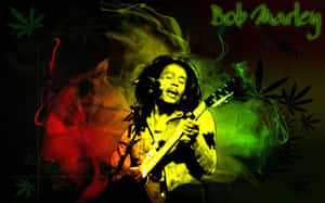 Bob Marley 彈結他，周圍有彩色煙霧和大麻葉。