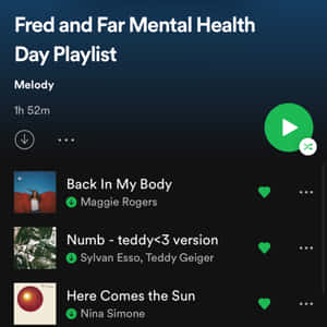 「Fred and Far Mental Health Day Playlist」的Spotify播放清單畫面，顯示三首歌曲。