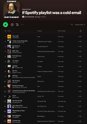 名為「if Spotify playlist was a cold email」的Spotify播放清單，附有莎士比亞肖像和歌曲列表。