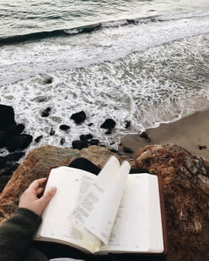 一個人在懸崖上閱讀一本書，俯瞰著海浪。