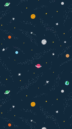 一個有趣的卡通太空場景，在深色背景上有色彩繽紛的行星和星星。