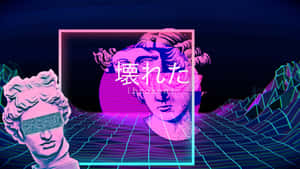 霓虹賽博龐克網格中的古典雕像與破碎日文字體