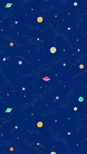 色彩繽紛的卡通行星和星星漂浮在深藍色的太空背景中。