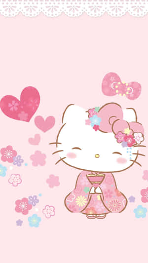 Hello Kitty 穿著花卉和服，在粉紅色背景上被心形和花朵包圍