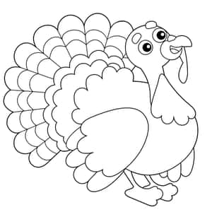 一幅黑白線條畫，畫著一隻微笑的卡通火雞，有著扇形尾巴。