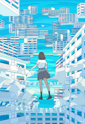 穿著校服的女孩站在超現實藍色城市景觀中的漂浮平台上。