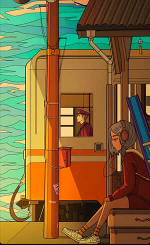 戴耳機的女孩在海邊火車站等候，列車長望向窗外。