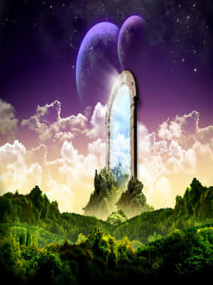 森林山谷中的石拱門，露出有兩顆紫色月亮和星星的天空。