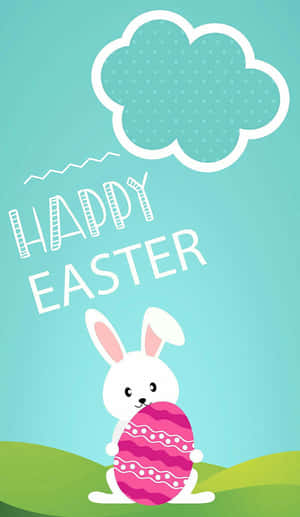 白兔拿著粉紅色復活蛋，帶有「Happy Easter」文字和雲朵。