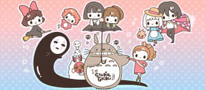 以 Chibi 風格呈現的 Studio Ghibli 角色在粉彩漸變中快樂漂浮。
