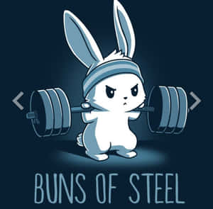 一隻卡通兔帶著兇猛的表情舉重，下方文字寫著「BUNS OF STEEL」。 — 健身 壁紙