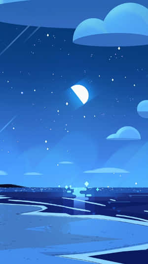 夜空，新月和星星倒映在平靜的水面上，襯以柔和的雲朵。