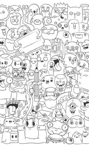 一幅黑白插圖，描繪許多可愛的卡通角色和物件在擁擠的場景中。 — Realme Pad 2 壁紙
