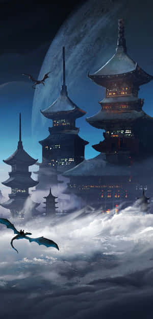 幻想寶塔漂浮雲端，巨龍在巨大月亮下飛翔。