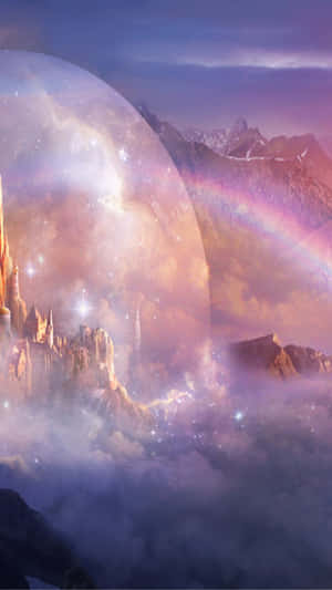 城堡漂浮在雲端之上，下方是發光的宇宙球體和彩虹。