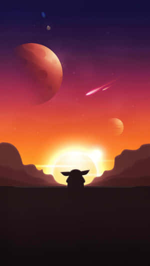 尤達寶寶在色彩繽紛的外星日落、行星和彗星襯托下的剪影。 — 寶寶尤達 壁紙