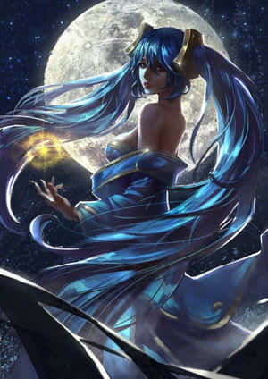 藍髮長袍動漫少女在太空滿月下施展魔法。