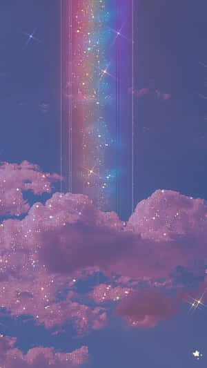 一道由星星組成的神奇彩虹，穿過粉紅雲朵上方的紫色天空。