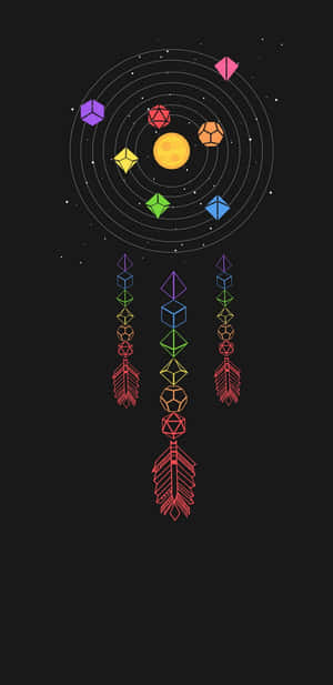 一個風格化的捕夢網，在黑暗的星空背景上帶有幾何形狀和羽毛。