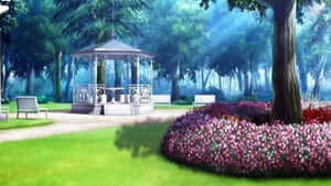 一個霧濛濛的花園中的白色涼亭，有粉紅色的花朵和綠樹。 — Gacha life GIF 壁紙