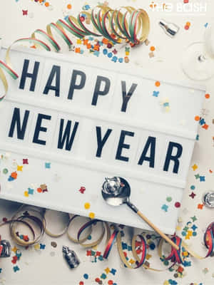 附有紙屑和香檳瓶的Happy New Year標誌，用於慶祝。