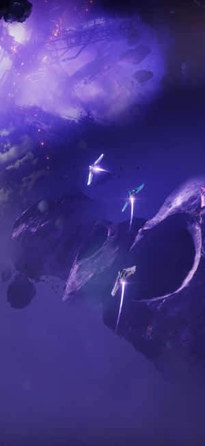 三艘發光的太空船在紫色星雲中靠近小行星遺跡飛行。 — Galaxy XCover 壁紙