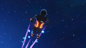 穿著發光太空衣的太空人在星空中飛行,留下彩色軌跡