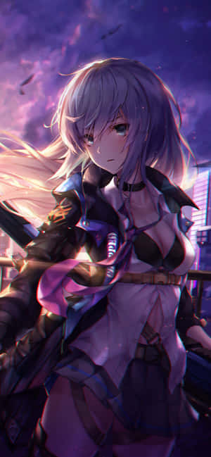 紫髮動漫女孩，在暮色中的未來城市 — Galaxy S22 Ultra 壁紙