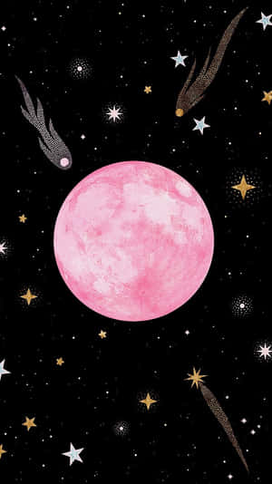 在宇宙夜空中，粉紅色月亮被流星和閃亮的星星環繞。