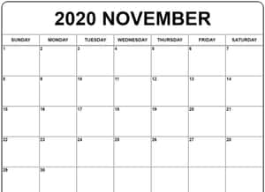 空白2020年11月日曆，網格中顯示星期幾和編號日期。